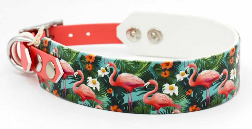 Handgemachtes UV Biothane Halsband mit Flamingo Motiv