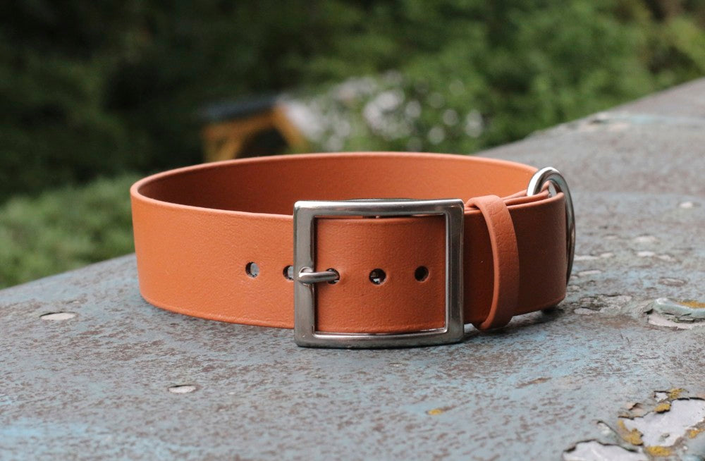 breites Biothane Hundehalsband in Hellbraun mit Schnalle in Edelstahl