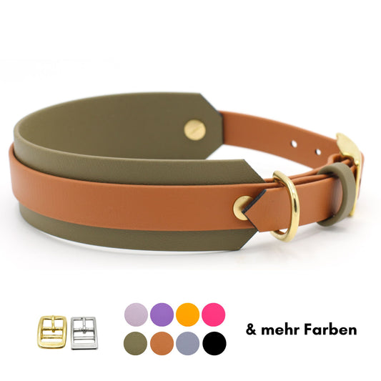 zweifarbiges Biothane Halsband mit Hellbraun und Oliv mit Beschlägen aus Messing