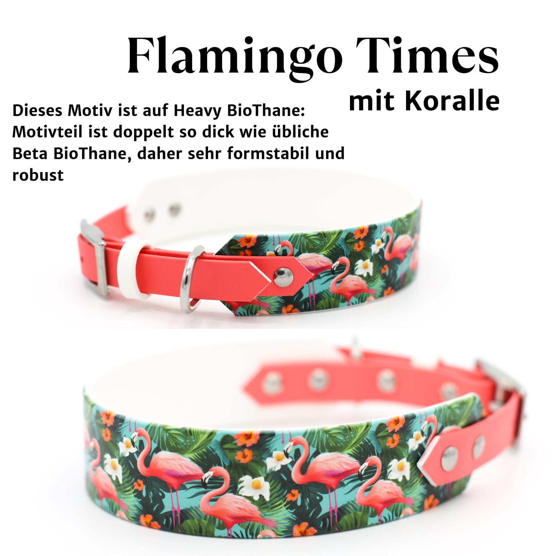 breites Biothane Hundehalsband mit Motiv Flamingo Times und Koralle