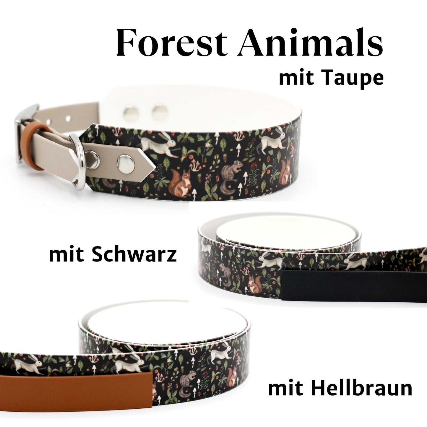 Handgemachtes breites Biothane Hundehalsband mit Motiv Forest Animals