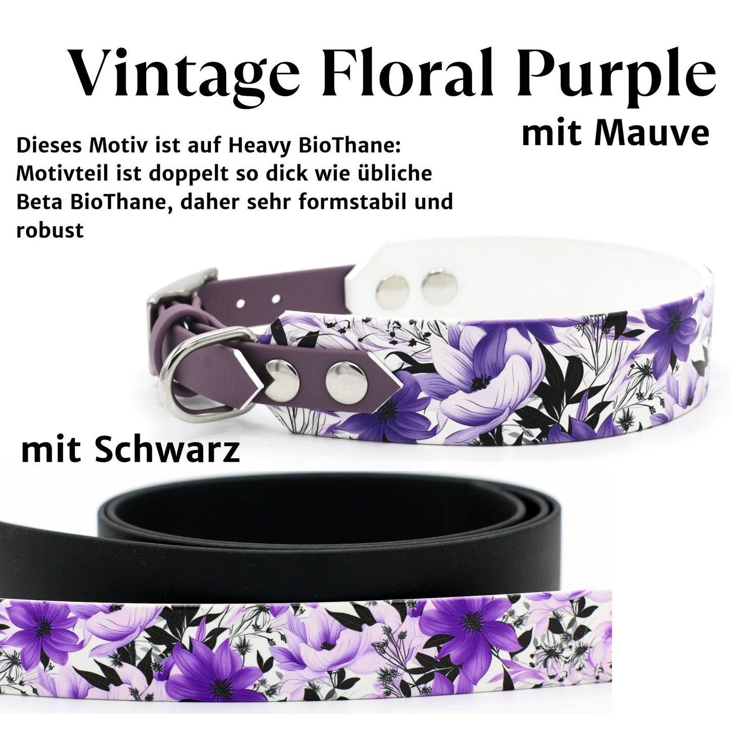 Handgemachtes breites Biothane Hundehalsband mit Motiv Vintage Floral Purple