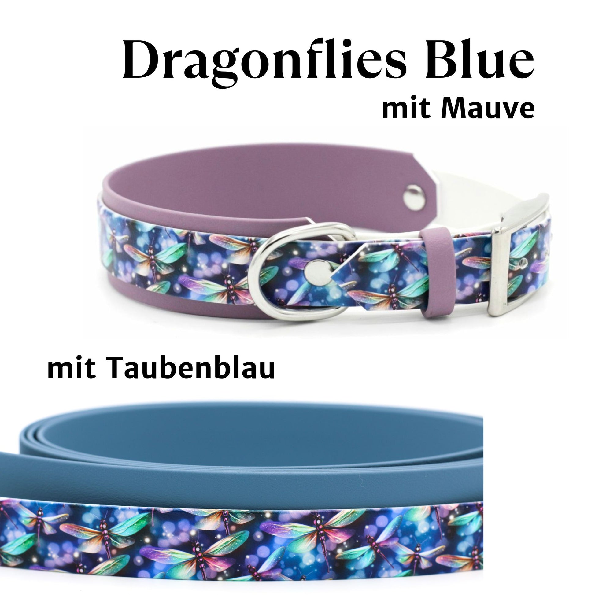 Handgemachtes breites gepolstertes Biothane Hundehalsband mit Motiv Dragonflies Blue und verschiedenen Farben