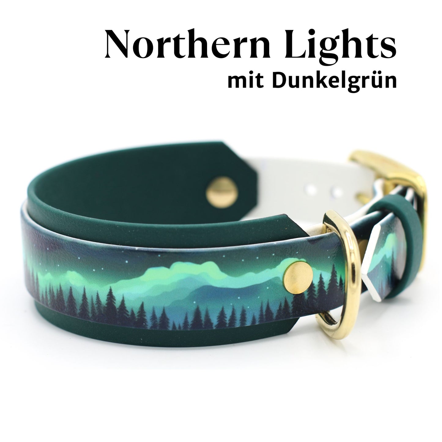Handgemachtes breites gepolstertes Biothane Hundehalsband mit Motiv Norhtern Lights