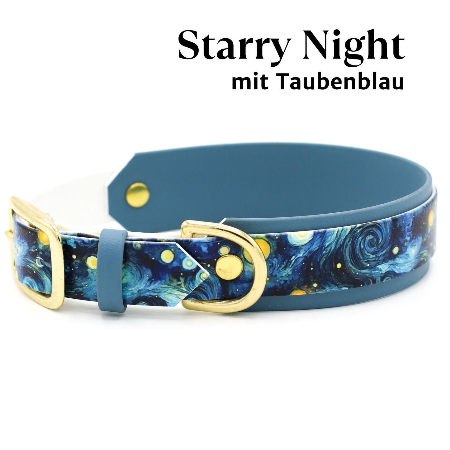 Handgemachtes breites gepolstertes Biothane Hundehalsband mit Motiv Starry Night mit weißem Hintergrund