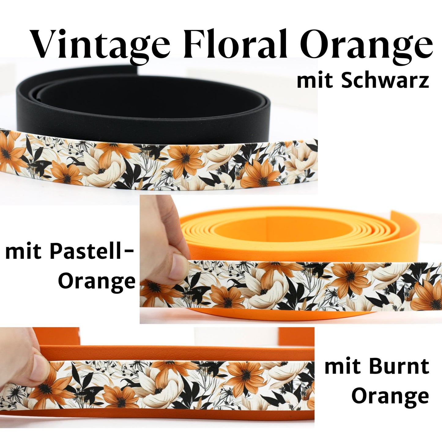 Handgemachtes breites gepolstertes Biothane Hundehalsband mit Motiv Vintage Floral Orange und verschiedenen Farben