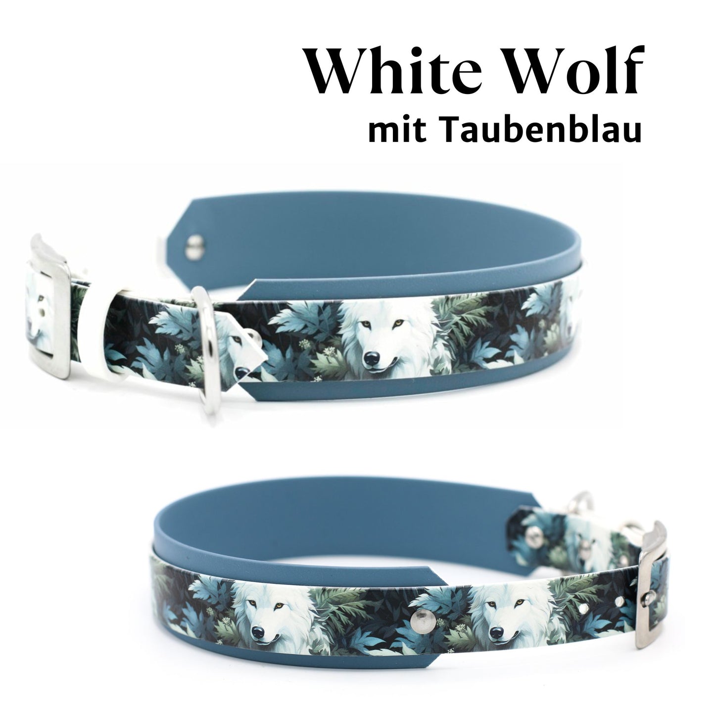 Handgemachtes breites gepolstertes Biothane Hundehalsband mit Motiv White Wolf