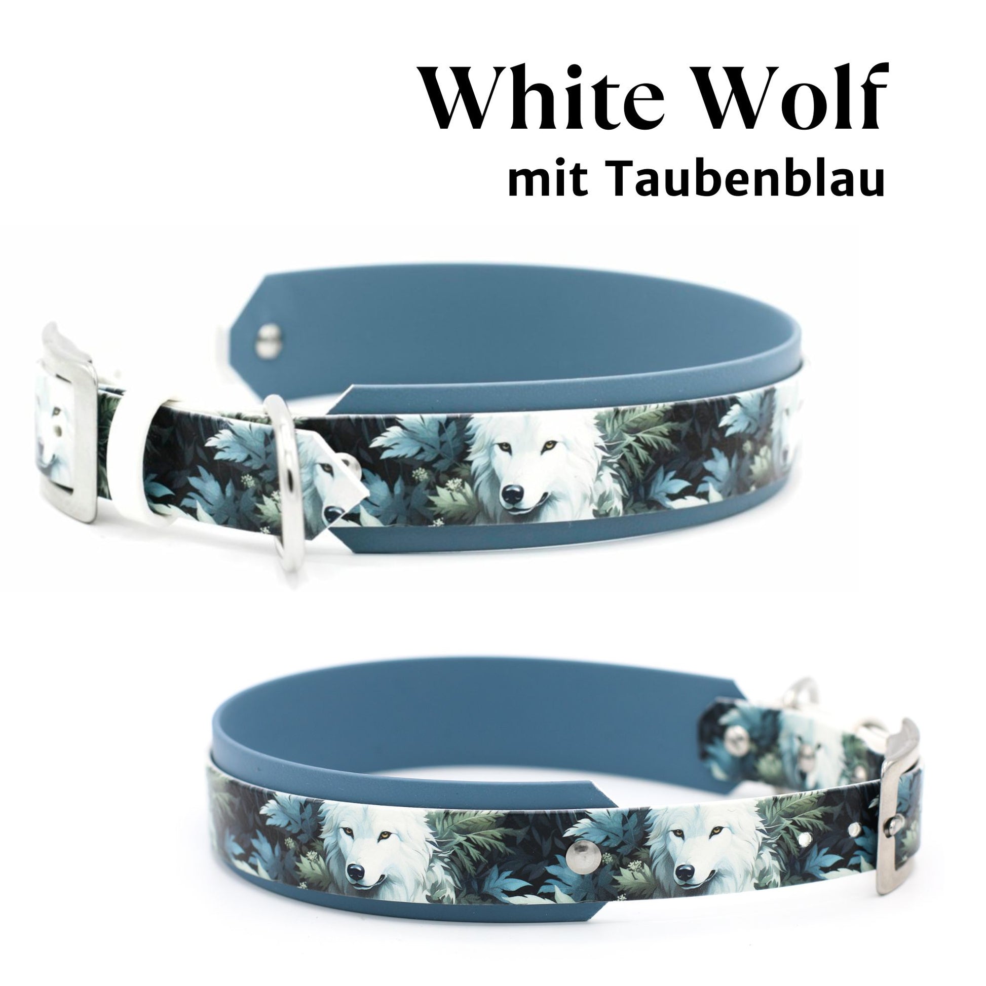 Handgemachtes breites gepolstertes Biothane Hundehalsband mit Motiv White Wolf