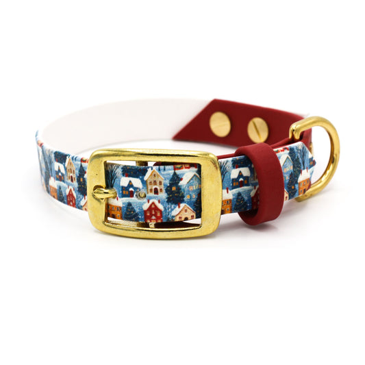 BioThane Hundehalsband für Weihnachten "Christmas Village" mit Crimson Red