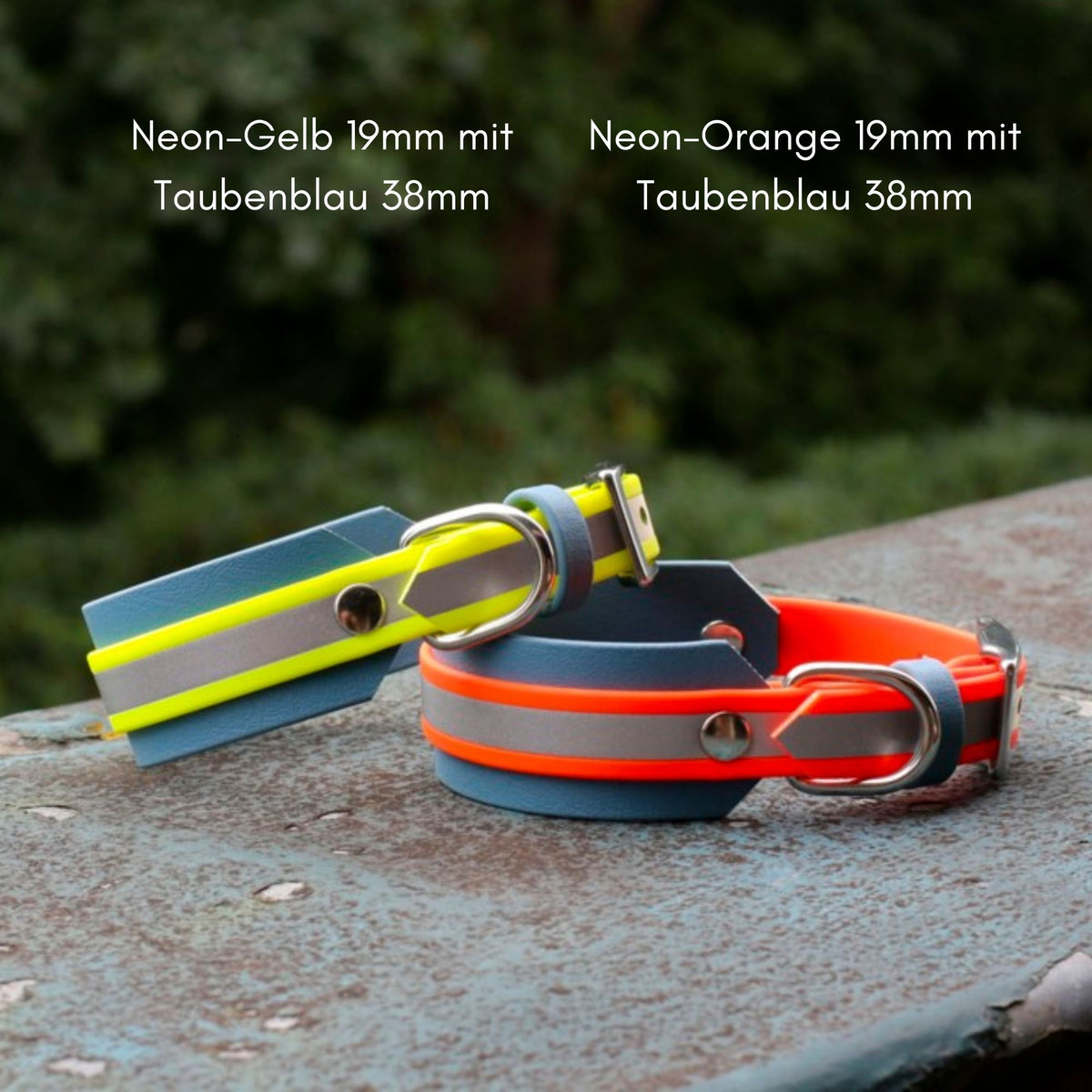 reflektierende BioThane Halsbänder in Neon-Gelb und Neon-Orange unterlegt mit Taubenblau in extra breit für großen Hund