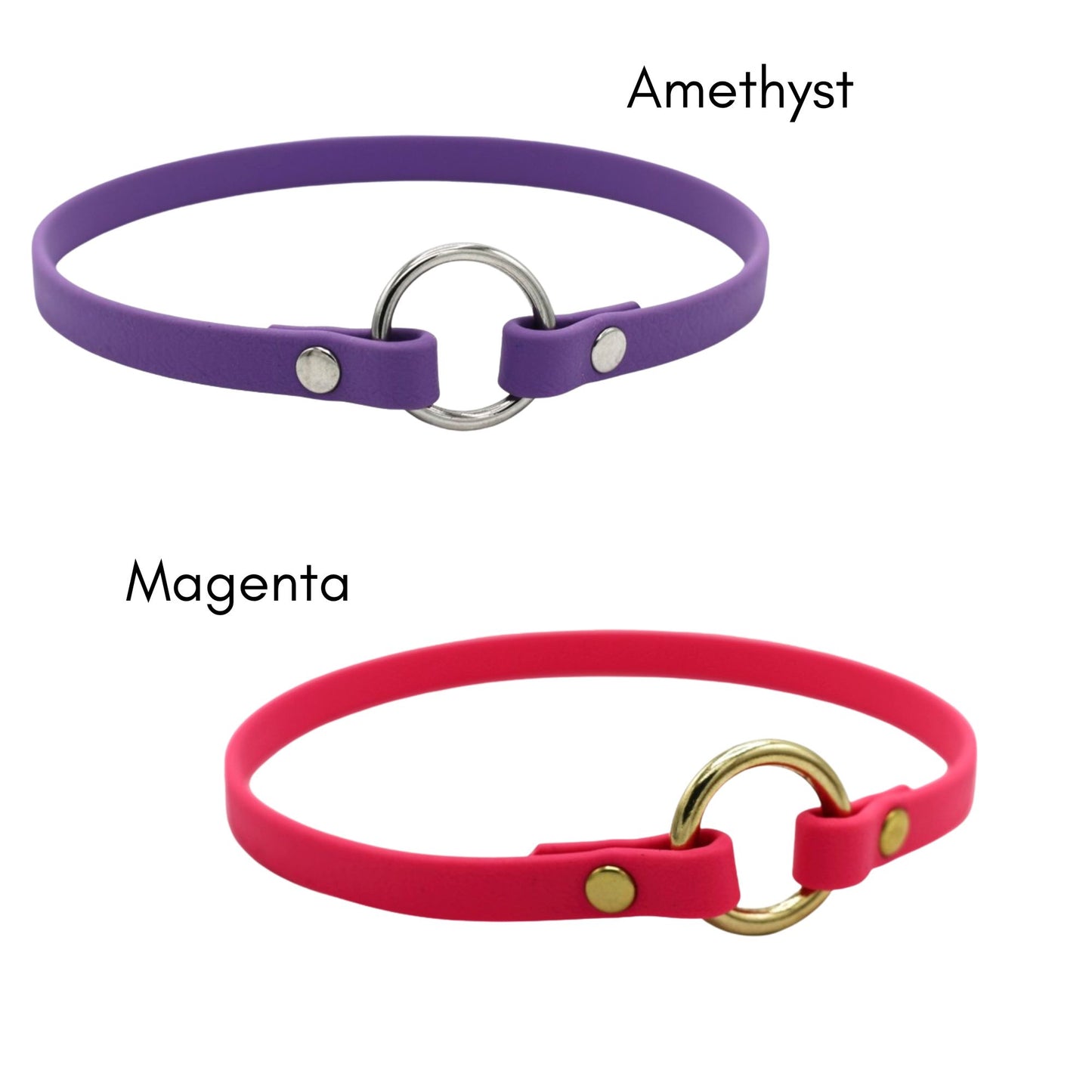 Maßgefertigte leichte BioThane Markenhalsbänder in Amethyst und Magenta