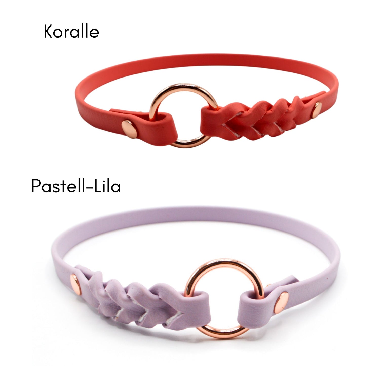 Leichtes maßgefertigtes Biothane Markenhalsband mit Flechtung in Koralle und Pastell-Lila
