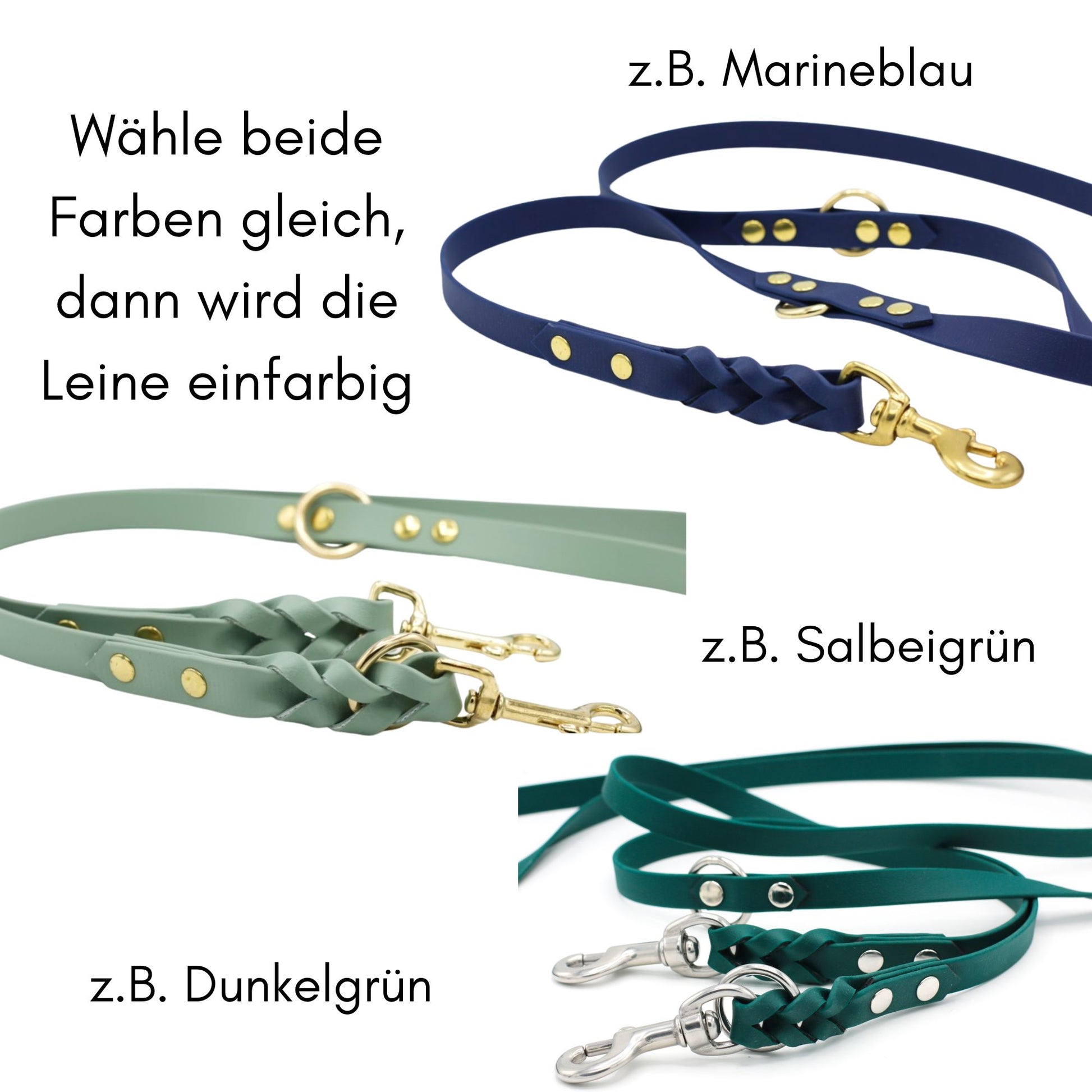 geflochtene Biothane Hundeleine verstellbar in Marineblau, Salbeigruen und Dunkelgruen