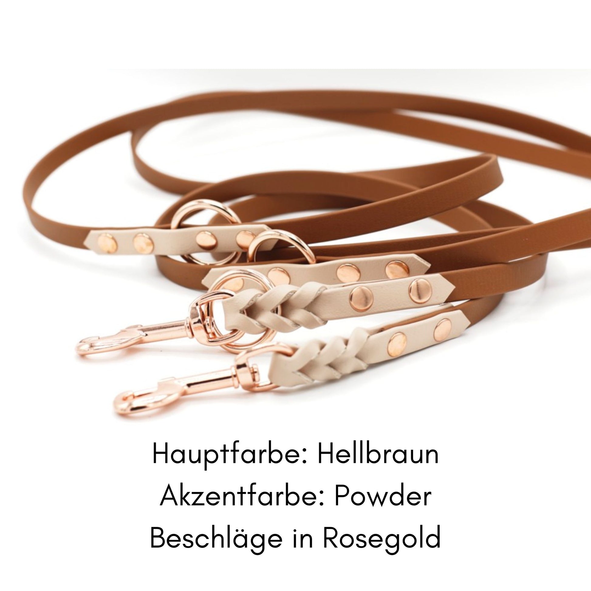 zweifarbige geflochtene Biothane Hundeleine in Hellbraun mit Powder und Karabinern in Rosegold