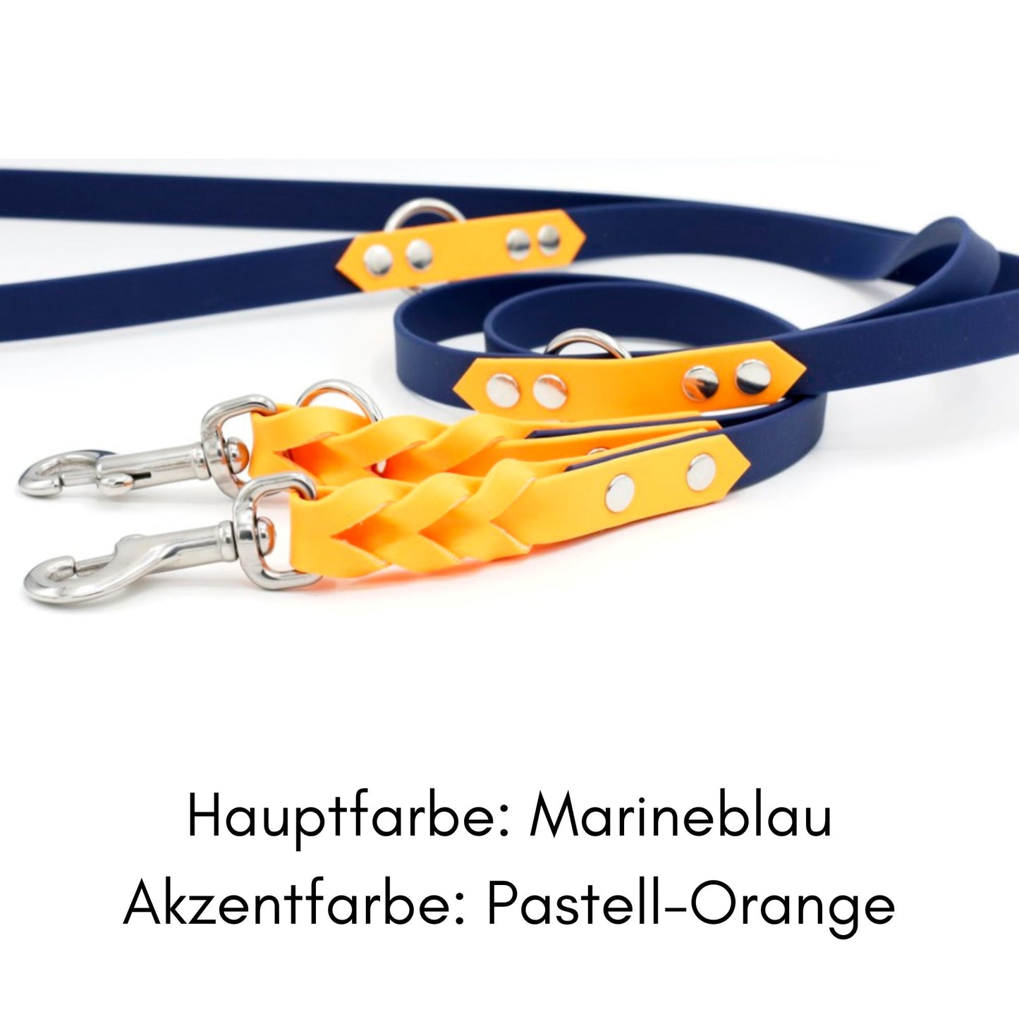 zweifarbige geflochtene Biothane Hundeleine in Marineblau mit Pastell-Orange