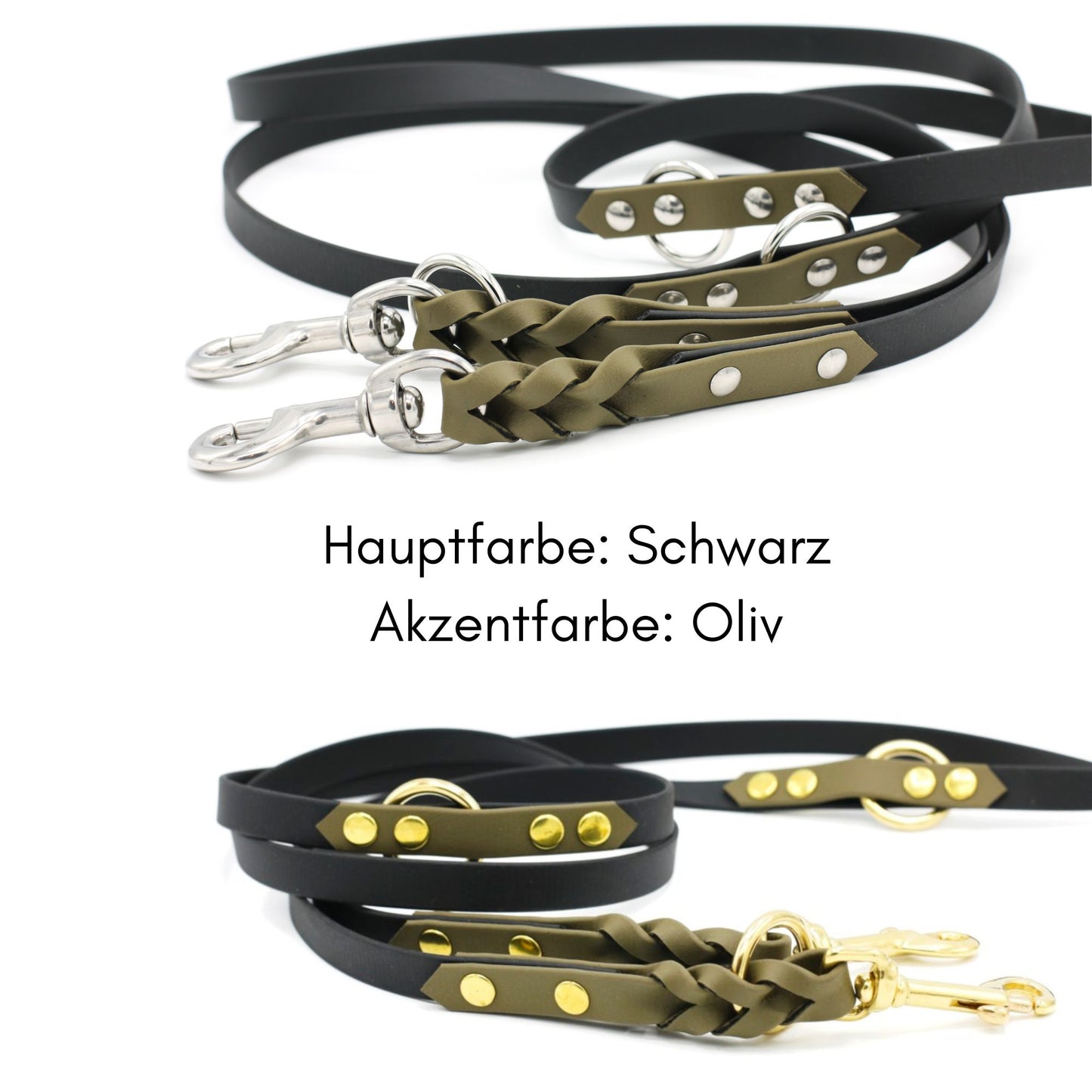 zweifarbige geflochtene Biothane Hundeleine in Schwarz mit Oliv