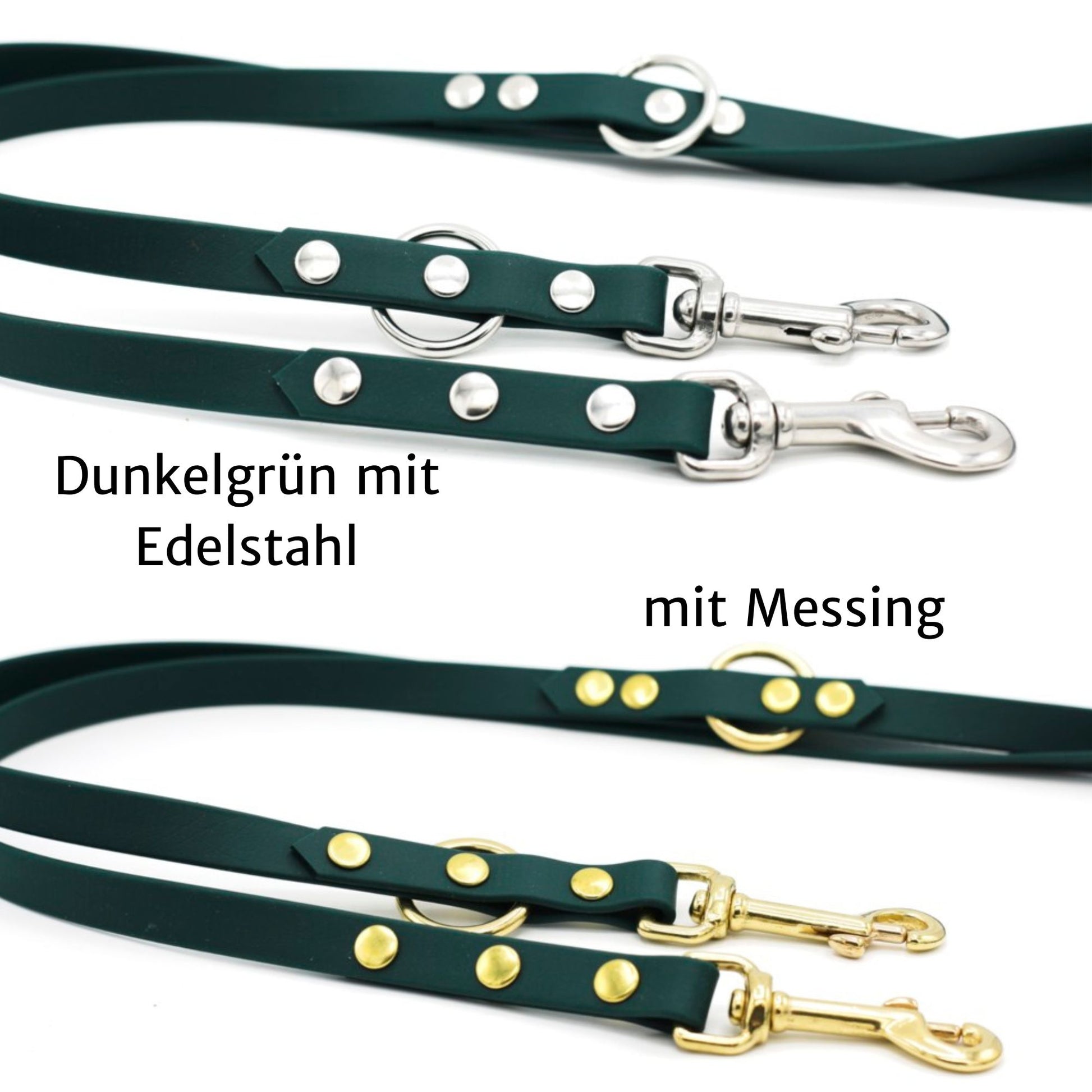 Verstellbare Biothane Hundeleine in Dunkelgrün mit Karabinern in Messing oder Edelstahl