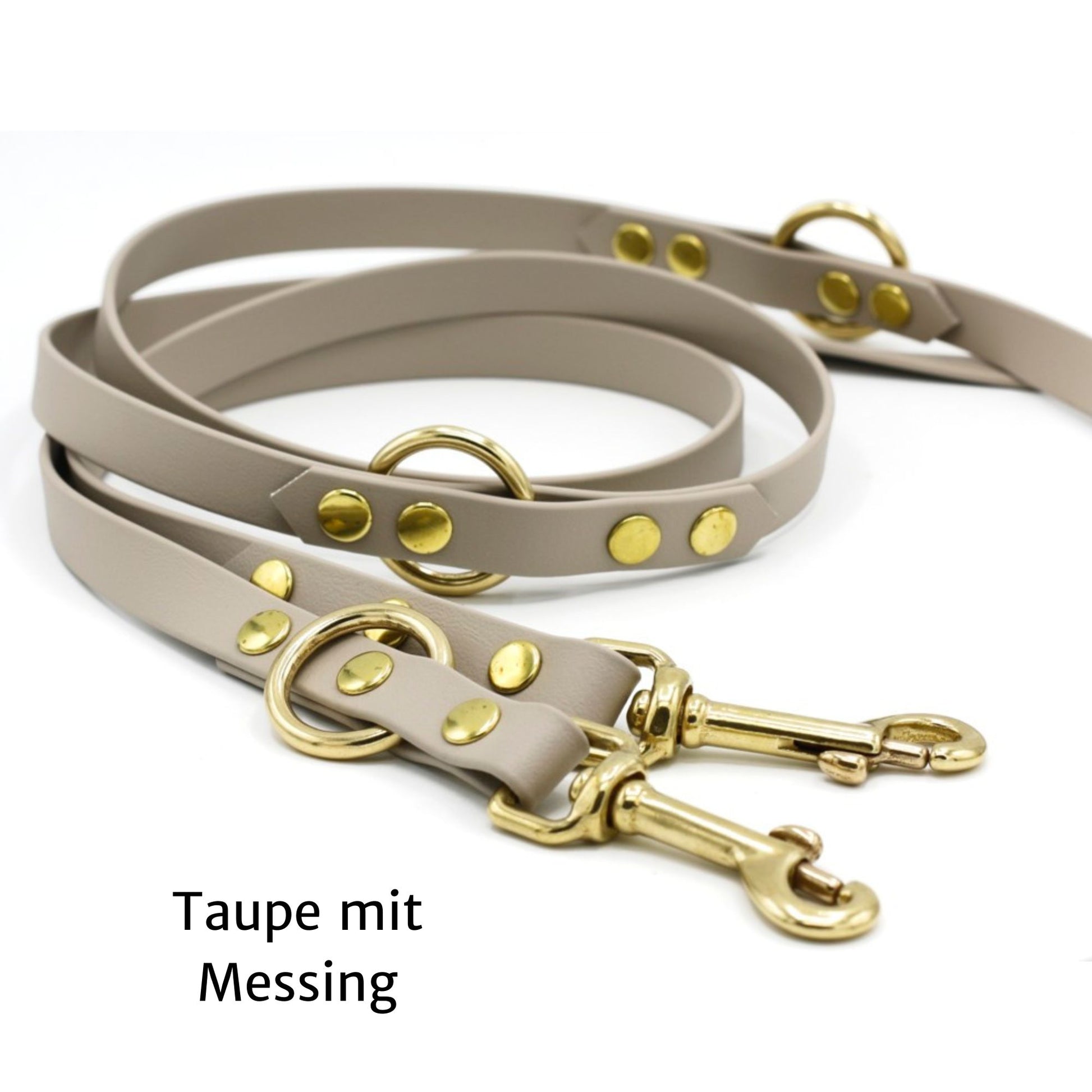 Verstellbare Biothane Hundeleine in Taupe mit goldenen Karabinern