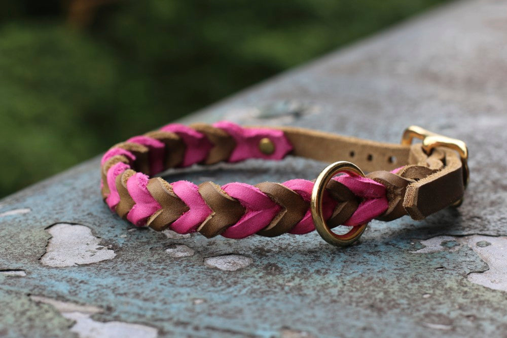 Fettleder Halsband „Luxury" oliv/pink | Breite 12mm | HU 29-33cm