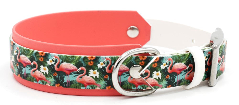 Handgemachtes UV Biothane Halsband mit Flamingo Motiv