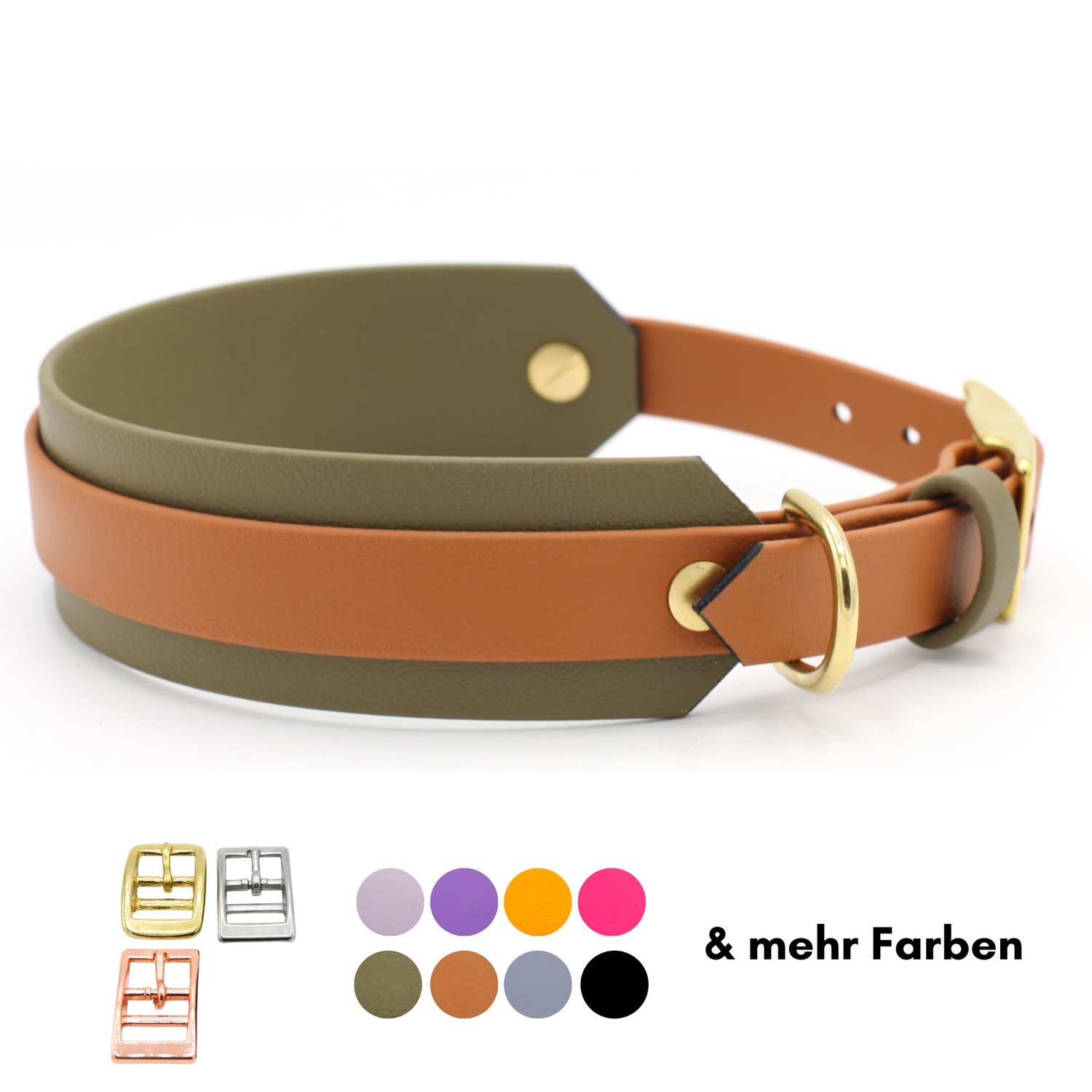 Handgemachtes zweifarbiges Biothane Halsband mit Hellbraun und Oliv mit Beschlägen aus Messing