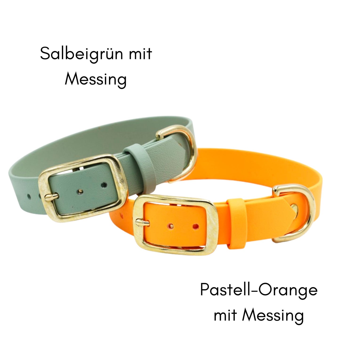Biothane Hundehalsband in Salbeigrün und Pastell-Orange mit Beschlägen aus Messing
