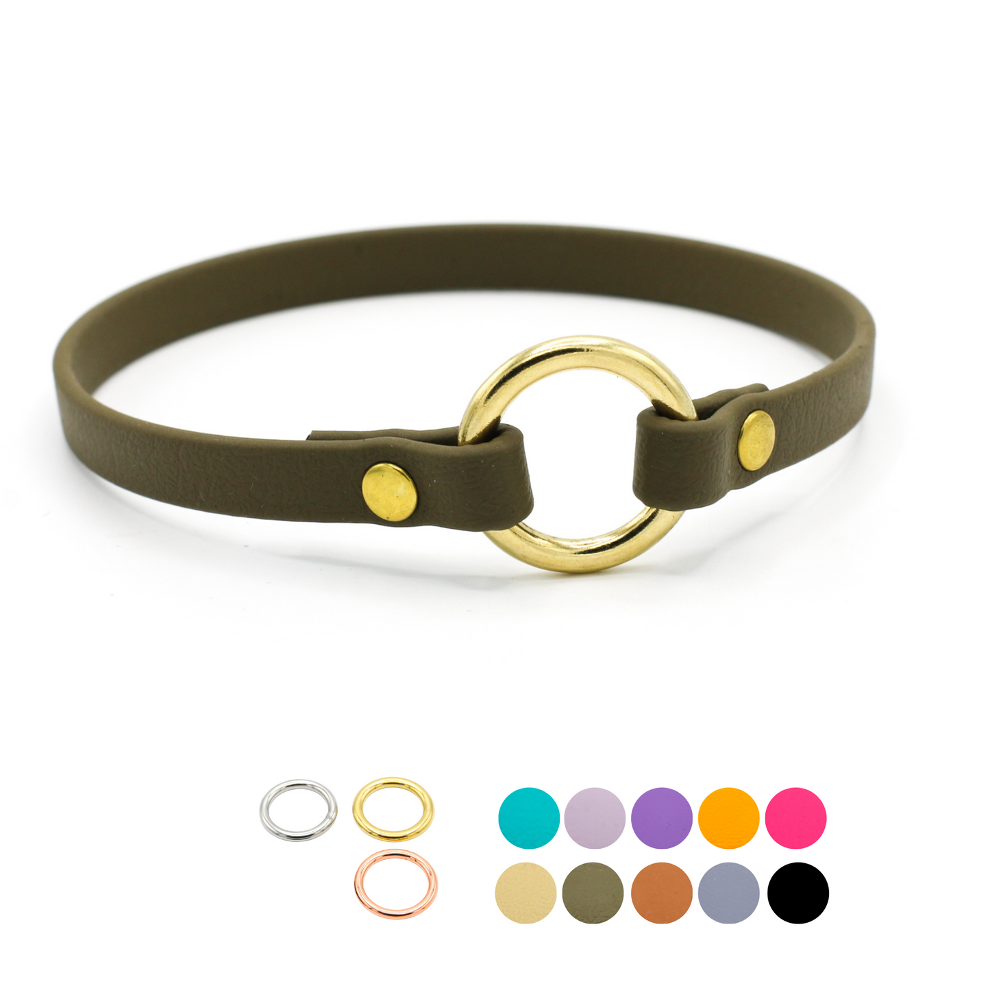 BioThane Markenhalsband in Oliv mit Beschlägen aus goldenem Messing