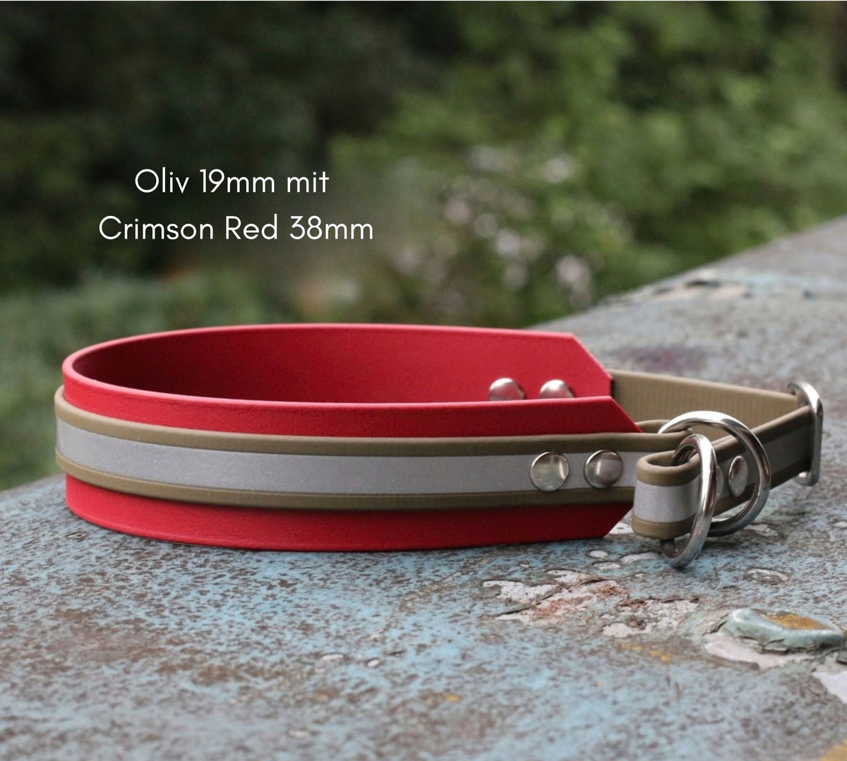 breites Zugstopphalsband mit reflektierender BioThane in Oliv mit Crimson Red unterlegt