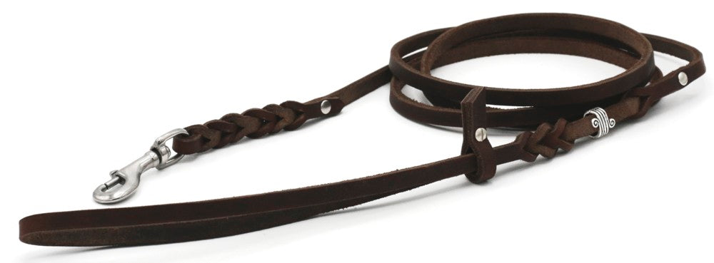 Fettlederleine geflochten für kleine Hunde mit Handschlaufe in Dunkelbraun mit Edelstahl Karabiner