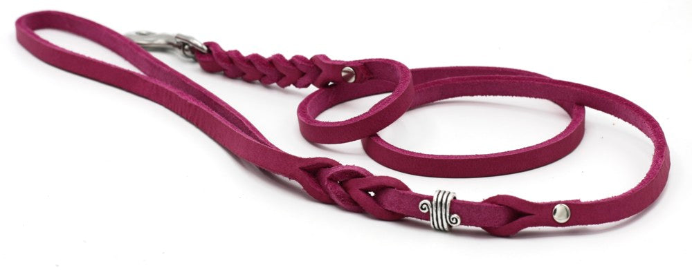 Fettlederleine geflochten für kleine Hunde mit Handschlaufe in Pink mit Edelstahl Karabiner