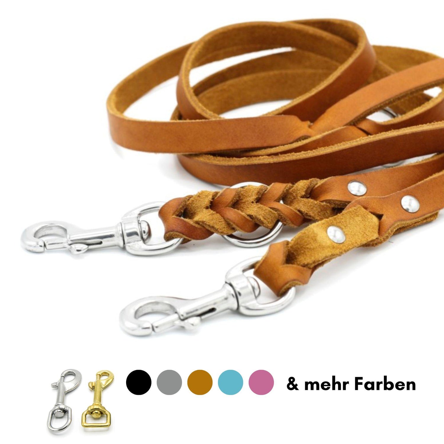 Verstellbare Fettlederleine mit geflochtenem Design für große Hunde in Cognac