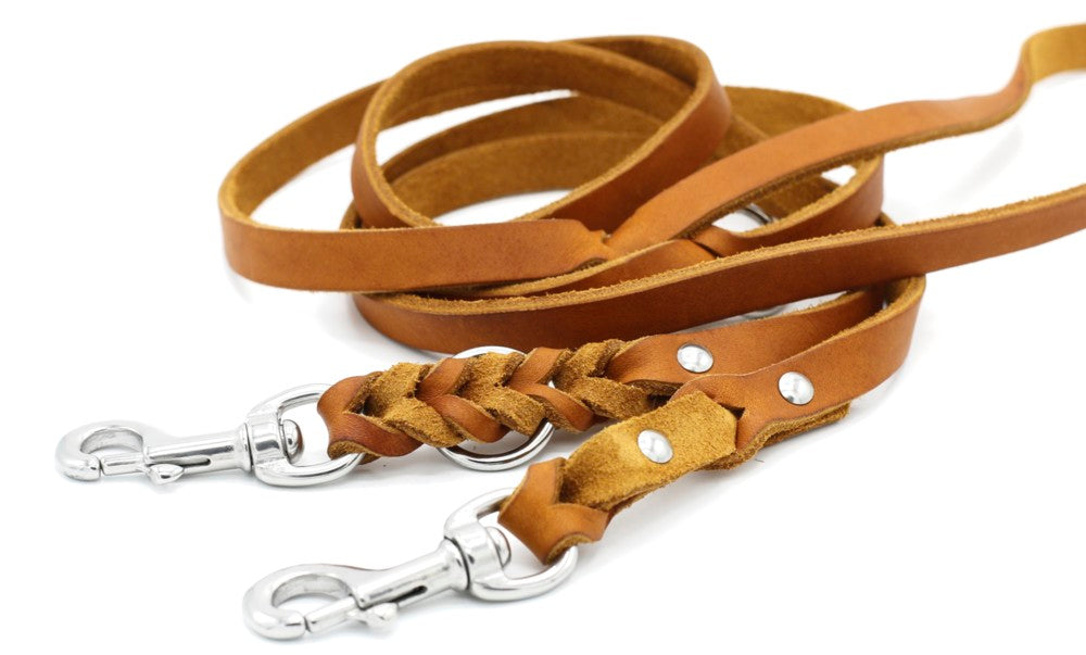 Verstellbare Fettlederleine mit geflochtenem Design für große Hunde in Cognac