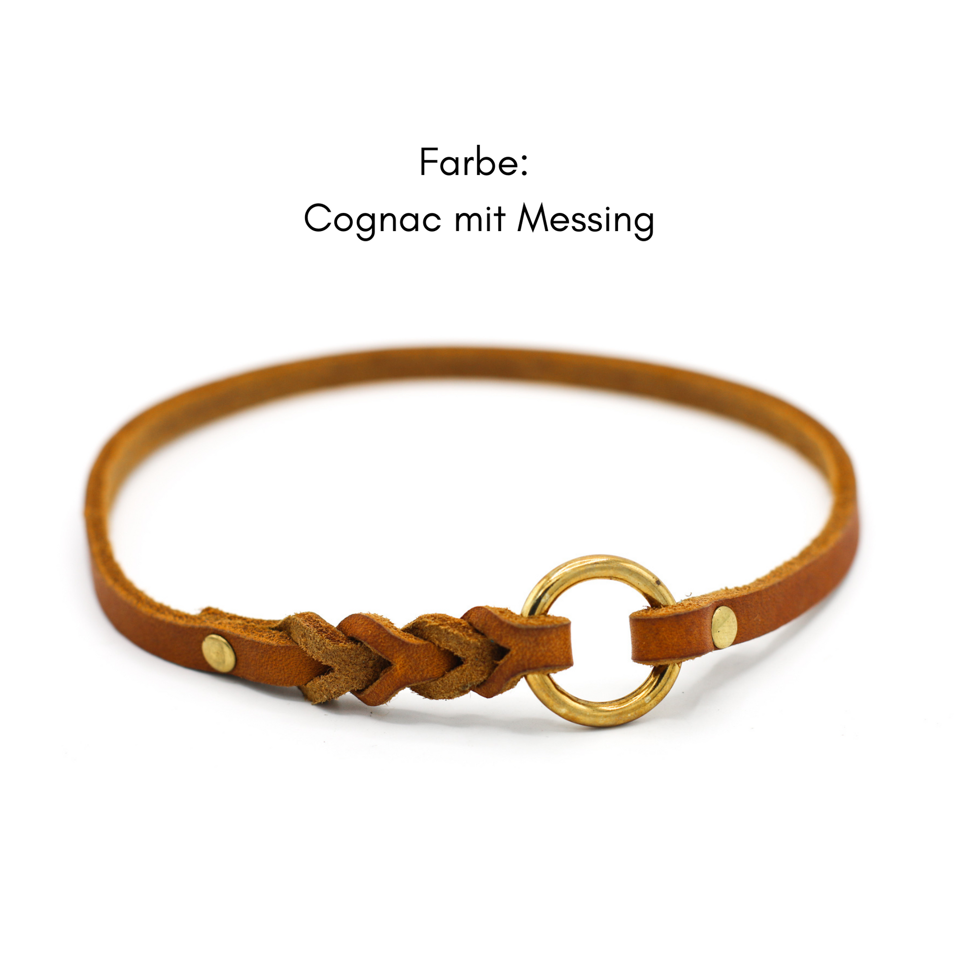Handgemachtes Fettleder Markenhalsband in Cognac mit einem Messing Ring und Flechtung