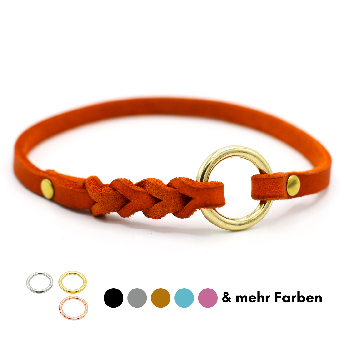 Handgemachtes Fettleder Markenhalsband in Orange mit einem Messing Ring