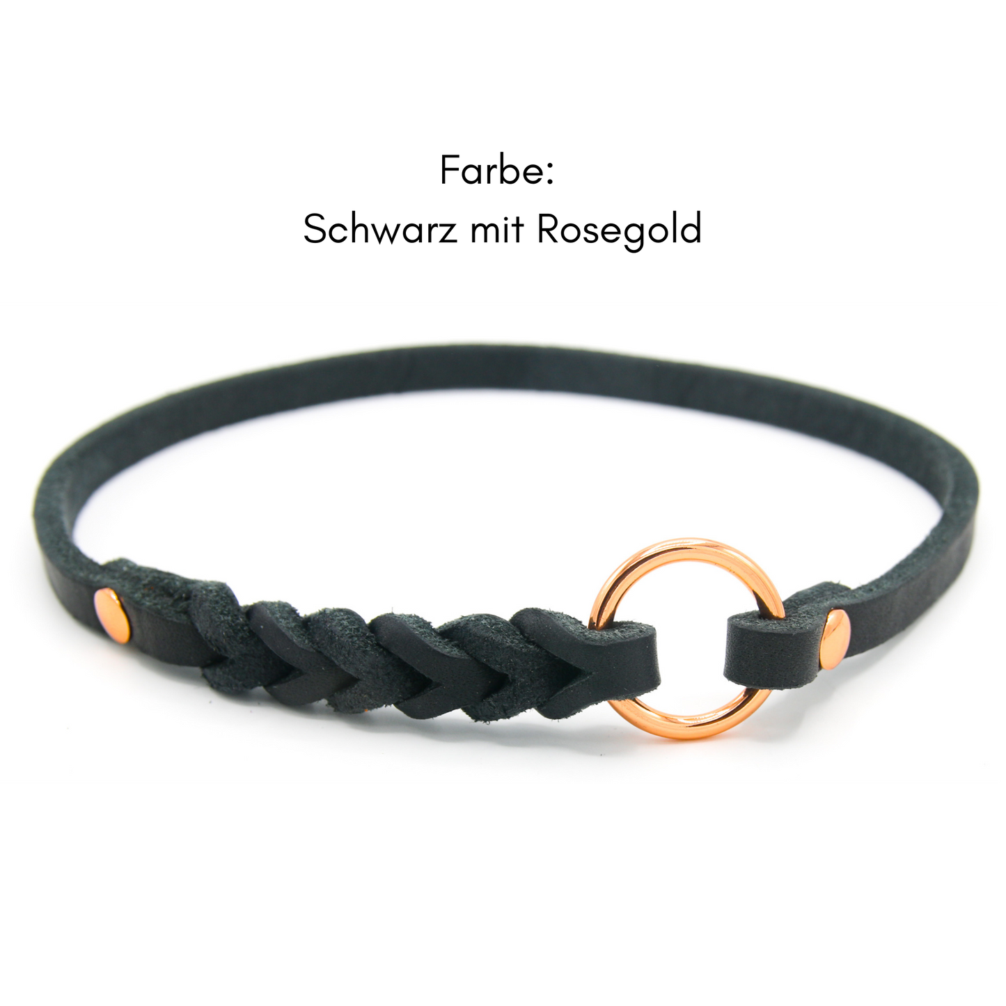 Handgemachtes Fettleder Markenhalsband in Schwarz mit einem Messing Ring und Flechtung