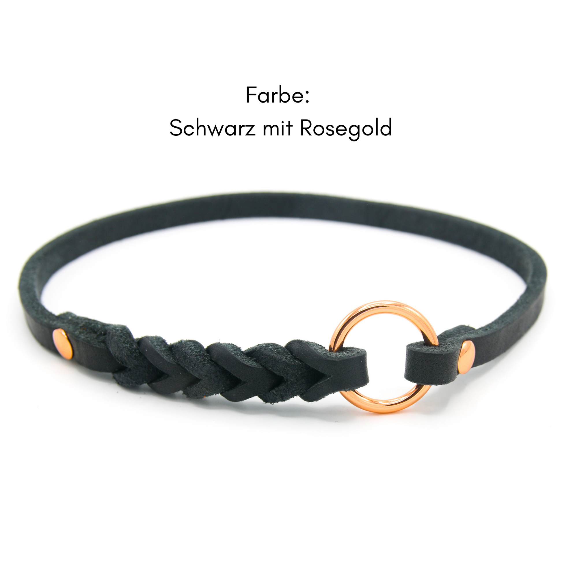 Handgemachtes Fettleder Markenhalsband in Schwarz mit einem Messing Ring und Flechtung