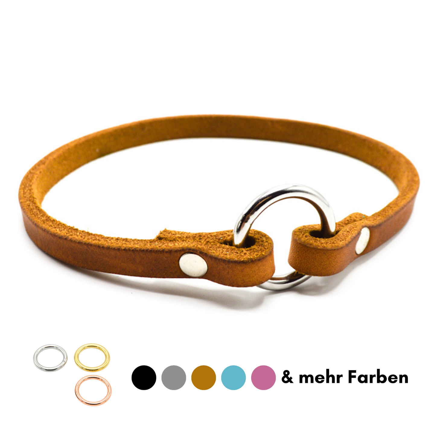 Handgemachtes Fettleder Markenhalsband in Cognac mit einem Edelstahl Ring