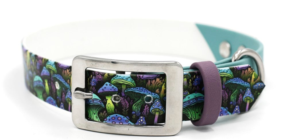 Handgemachtes UV Biothane Halsband mit Mushroom Forest Motiv