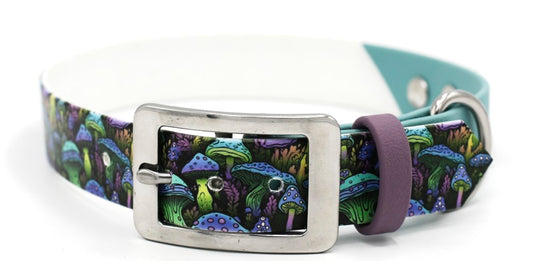 Handgemachtes UV Biothane Halsband mit Mushroom Forest Motiv