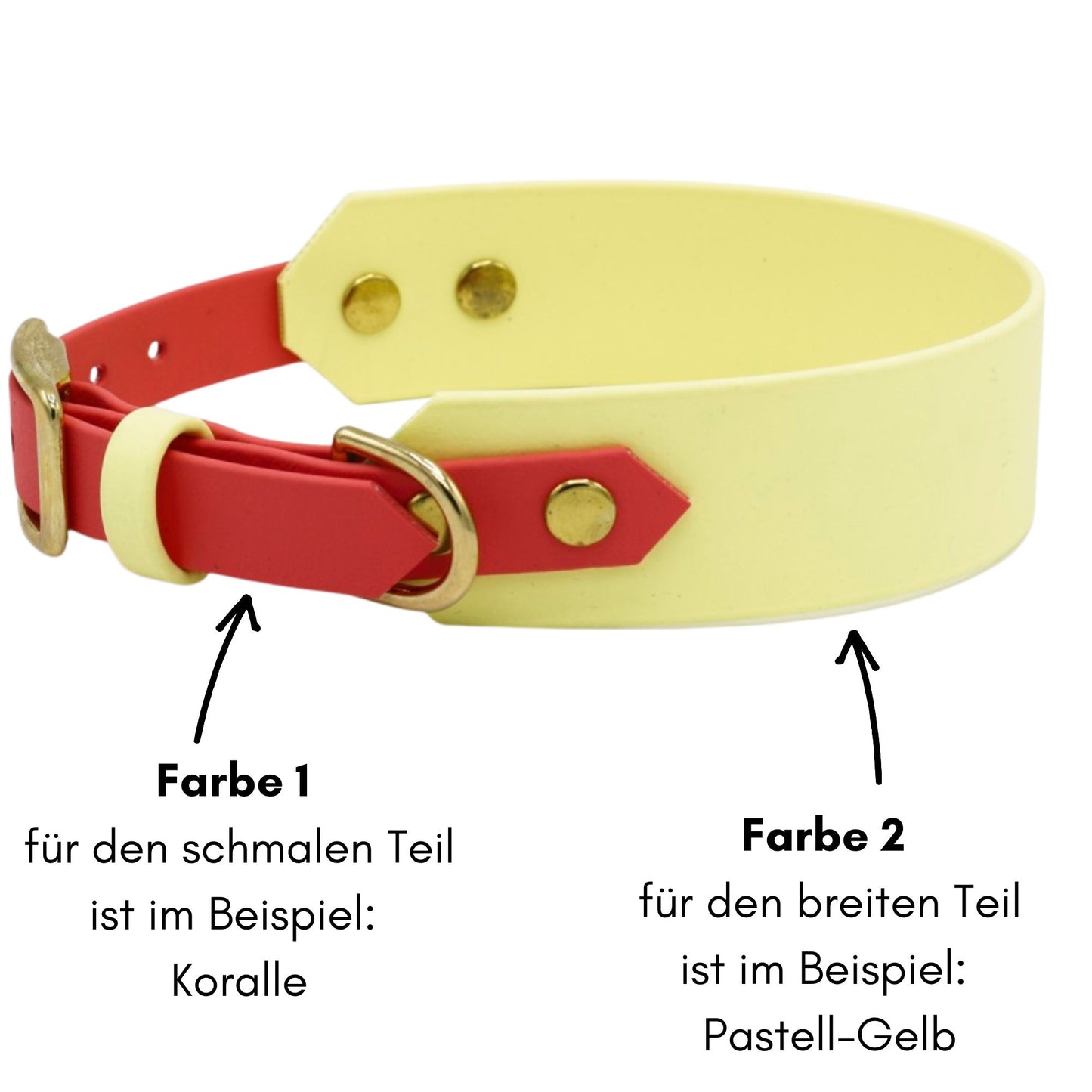 zweifarbiges breittes Biothane Hundehalsband in Pastell-gelb mit Koralle und Messing