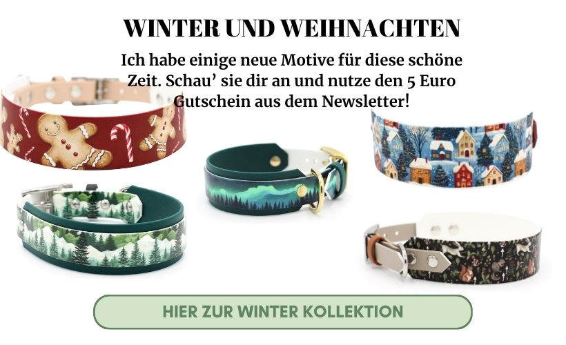 Biothane Halsband und Leine mit Motiv für Weihnachten und Winter Biothane Halsband und Leine mit Motiv für Weihnachten und Winter