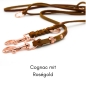 Mobile Preview: Fettlederleine geflochten für kleine Hunde in Cognac mit Karabinern in Rosegold