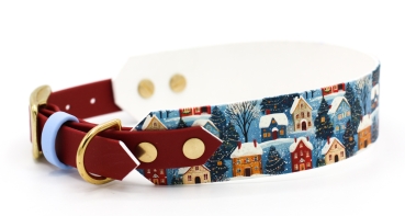 BioThane Halsband und Leine in dunkelrot mit weihnachtlichem Motiv