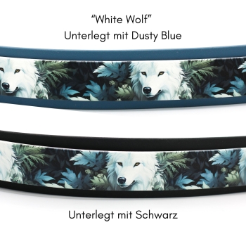 BioThane Halsband breit mit "White Wolf" Motiv schwarz oder dusty blue