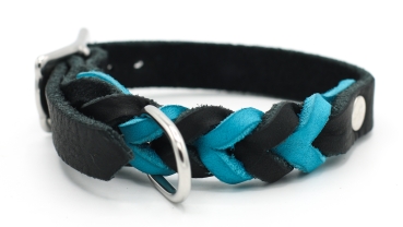 Fettleder Halsband geflochten zweifarbig Schwarz mit Türkis