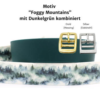 BioThane Halsband mit Foggy Mountains Motiv und BioThane in Dunkelgrün