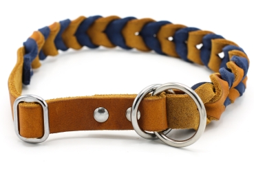 Zugstopp Halsband geflochten zweifarbig in Cognac mit Blau von hinten