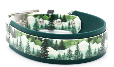 BioThane Halsband breit in dunkelgrün mit Winterwald-Muster