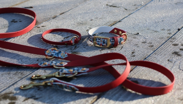 BioThane Halsband und Leine mit Markenband in dunkelrot mit weihnachtlichem Motiv im Detail