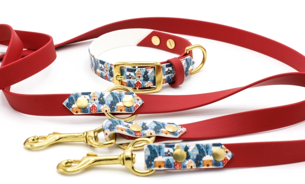 BioThane Halsband und Leine in dunkelrot mit weihnachtlichem Motiv